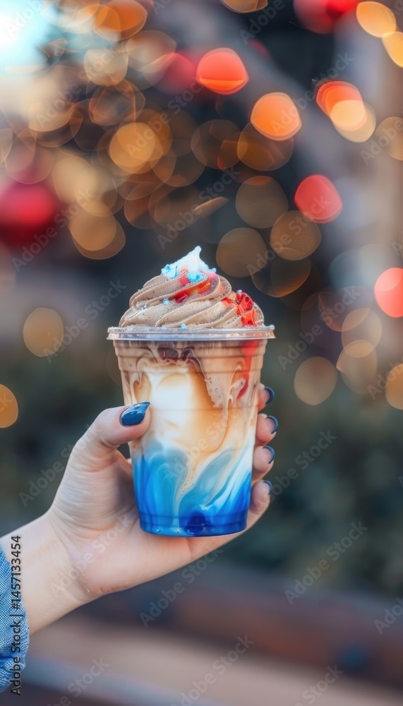 Festive Iced Coffee with Red, White, and Blue Swirl and Holiday Nail Art