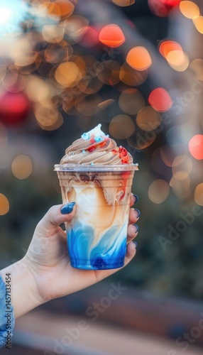 Obraz na płótnie Festive Iced Coffee with Red, White, and Blue Swirl and Holiday Nail Art w salonie