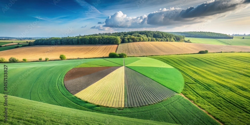 Fototapeta premium A Serene Panorama of Verdant Farmland Displaying a Striking Pie Chart Pattern of Diverse Crops Under a Cloudy Sky