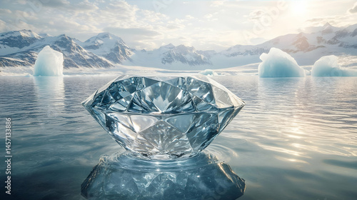 Large Clear Diamond on Glacial Water with Mountain Background