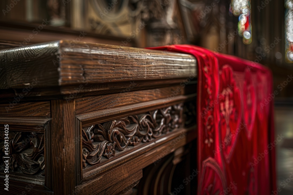 Intricately Carved Cathedral Pew with Draped Red Cardinal Robe in Church Setting