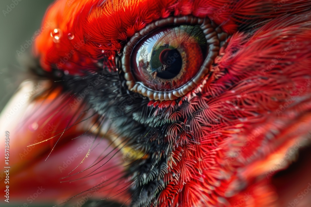 Macro View of Cardinal's Eye Showcasing Intricate Reflections and Delicate Feather Patterns