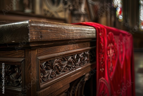 Obraz na płótnie Intricately Carved Cathedral Pew with Draped Red Cardinal Robe in Church Setting w salonie