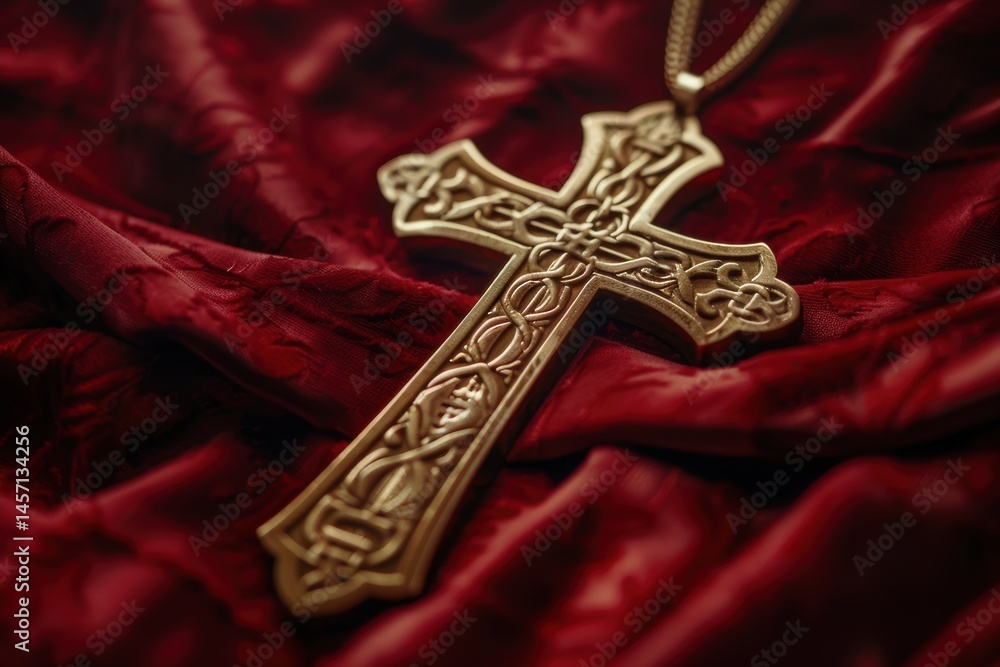 Ornate Gold Pectoral Cross on Red Velvet Fabric Highlighting Religious Significance