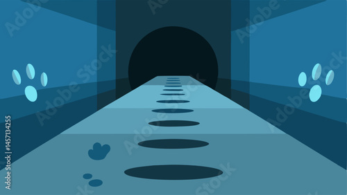 Footprints in Water A groundlevel view of footprints in the water leading through the grimy sewer tunnel suggesting a hasty escape.