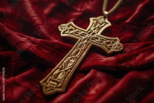 Ornate Gold Pectoral Cross on Red Velvet Fabric Highlighting Religious Significance