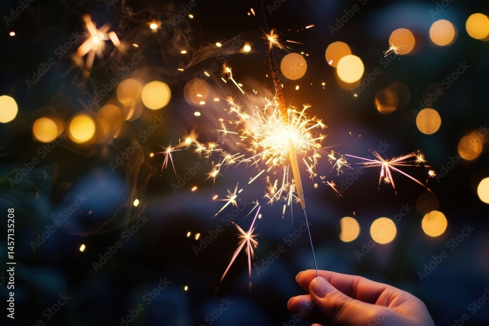 Sparkler in Hand with Bokeh Fireworks Background for July 4th Celebration Design