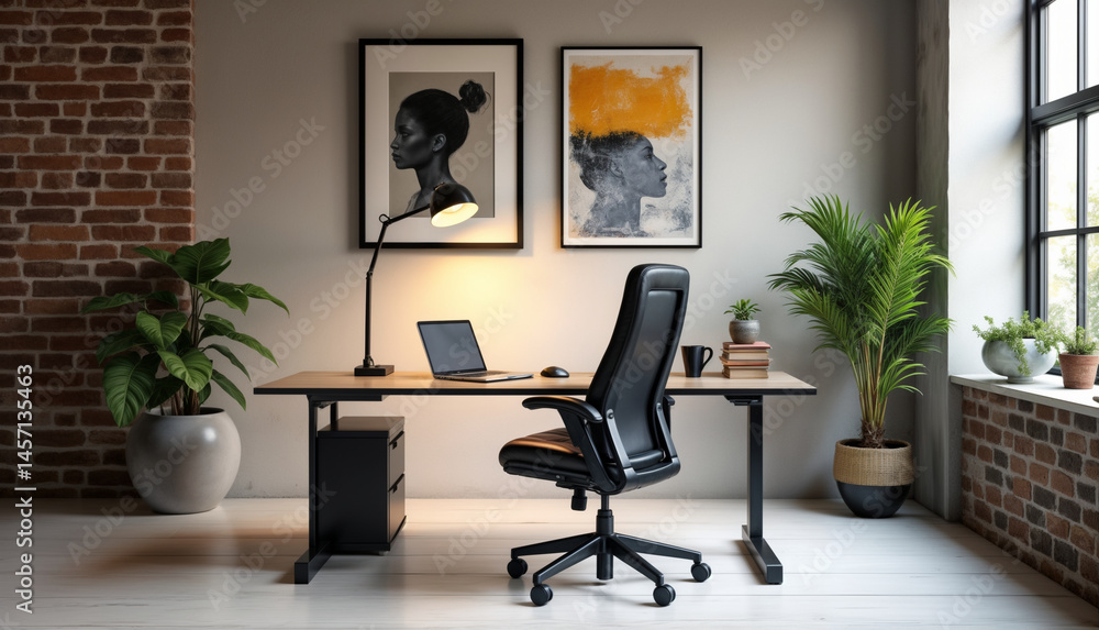 Stylish Home Office with Plants and Artwork on Walls Stylish Home Office with Plants and Artwork on Walls