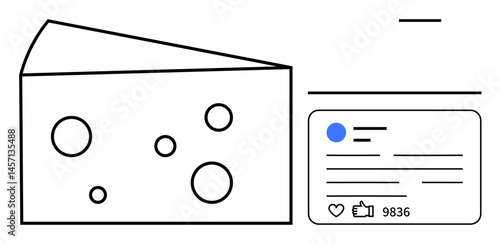 Slice of cheese with circular holes beside a social media post layout, thumbs ups, and comments counter. Ideal for food branding, content creation, social media, engagement, marketing, analytics
