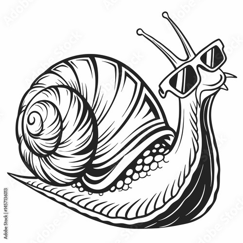 Cool Snail with Sunglasses in Black and White Illustration