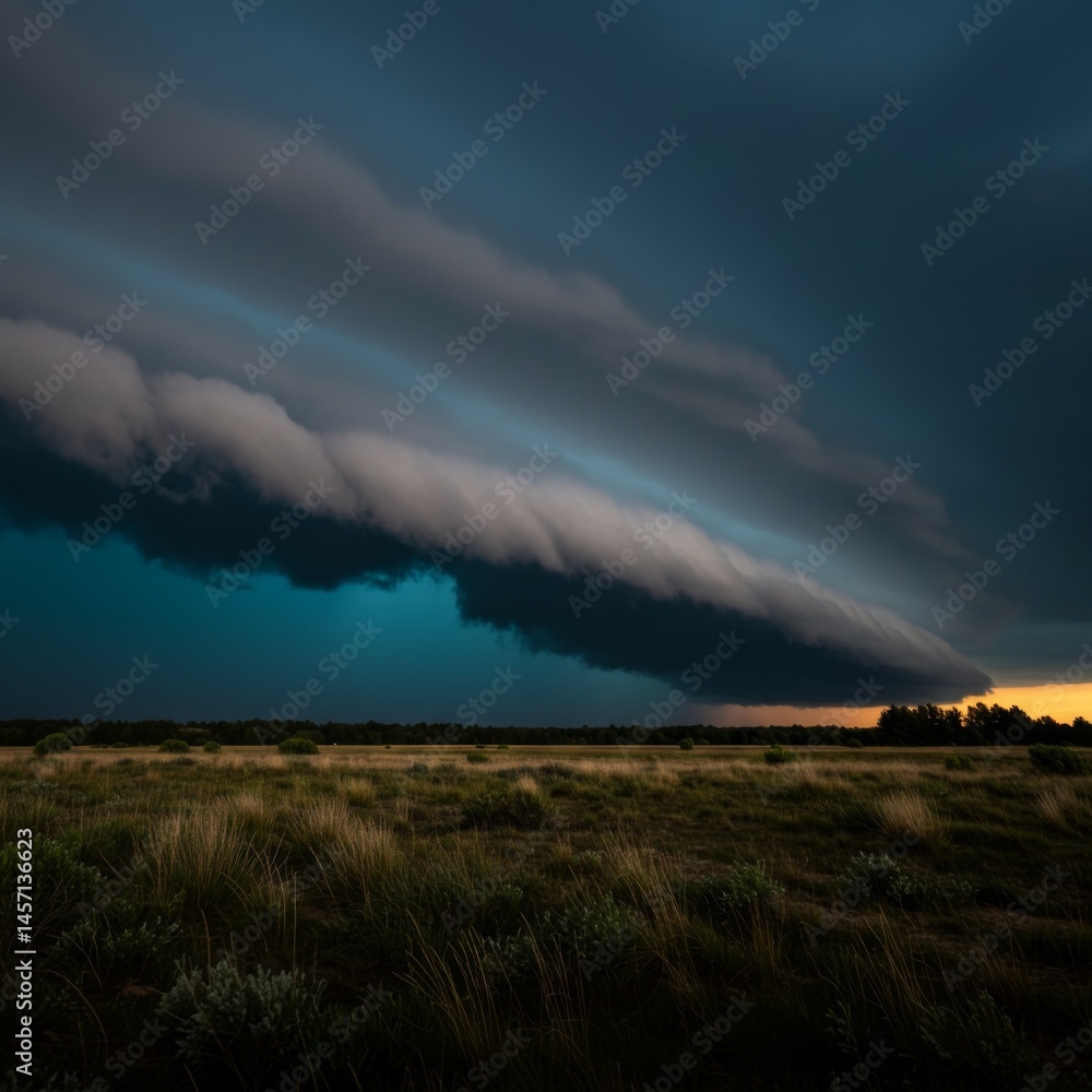 Dark Storm Clouds over Grassy Field at Sunset Dark Storm Clouds over Grassy Field at Sunset
