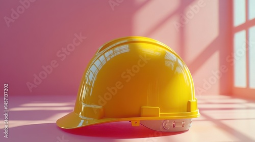 Yellow construction helmet in sunlit room interior closeup