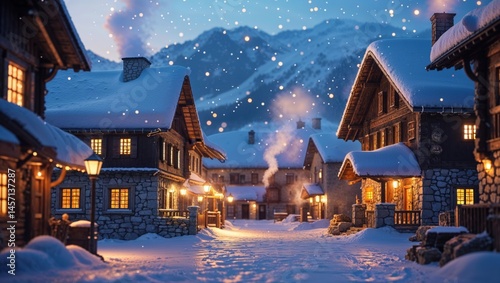 A picturesque snow-covered village nestled in a mountain valley. Warm light glows from cozy homes, creating a magical winter scene.