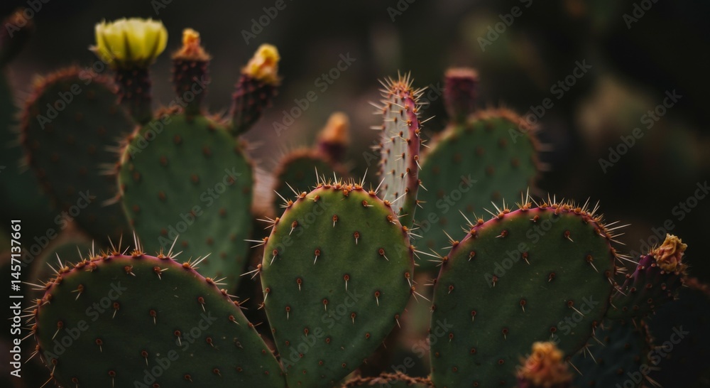 Close Up of Prickly Pear Cactus with Yellow Flowers Close Up of Prickly Pear Cactus with Yellow Flowers