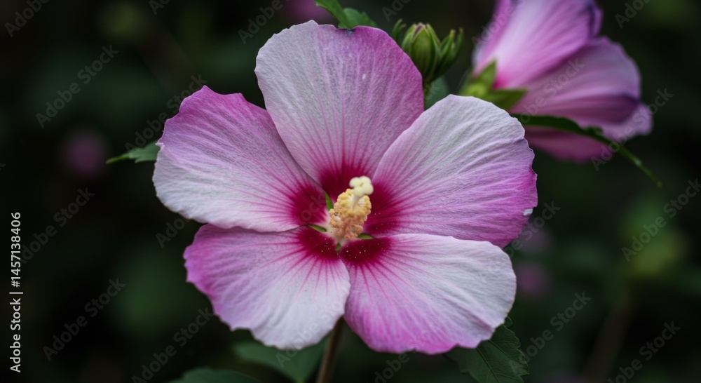 Close-Up Pink Hibiscus Flower with White and Red Center Close-Up Pink Hibiscus Flower with White and Red Center