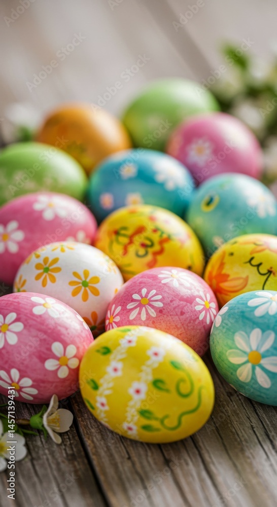 Fototapeta premium Pastel Easter Eggs with Daisies on Wooden Table