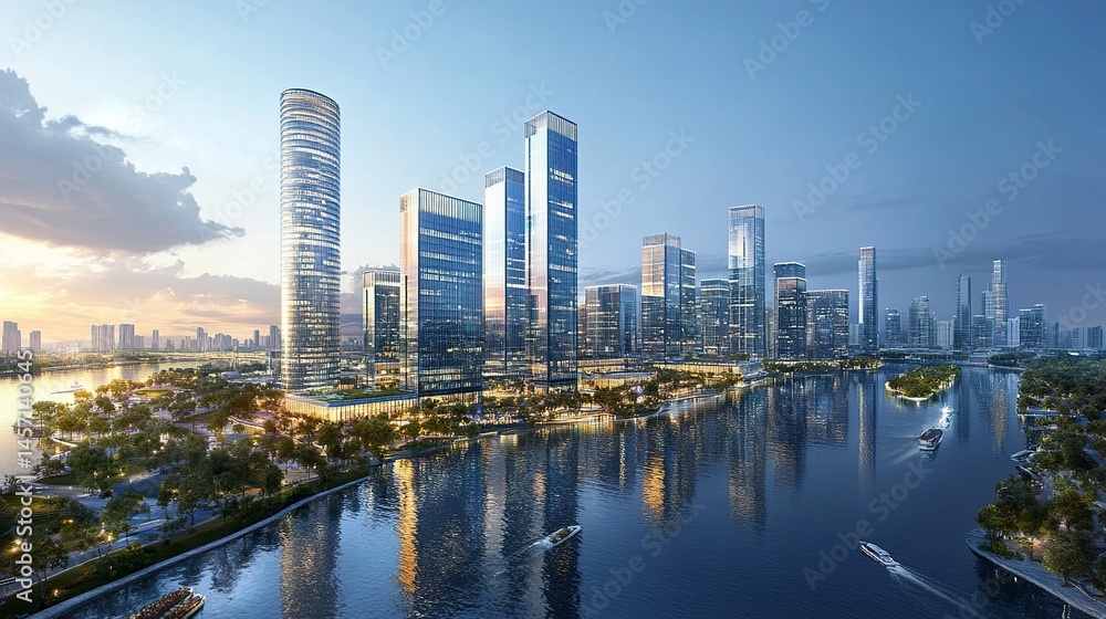 Obraz premium Urban development with high-rise towers home to global corporations sleek architecture glassy facades wide financial cityscape.