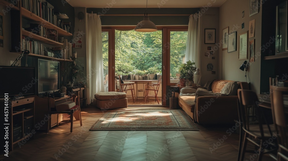 A cozy living room interior with an open doorway to nature A cozy living room interior with an open doorway to nature