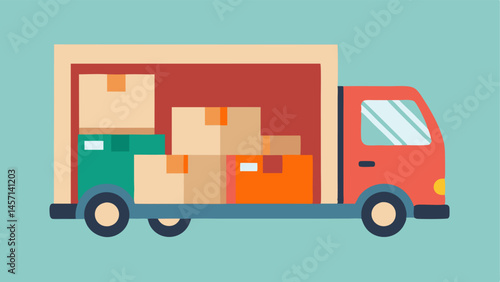 Delivery Truck Overflow A delivery truck with its back doors open overflowing with empty cardboard boxes plastic wraps and cled packing materials.