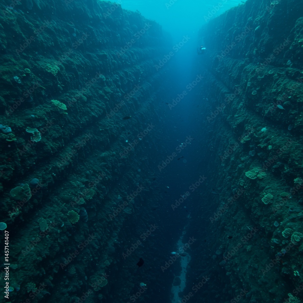 Obraz premium Underwater Coral Reef Gorge: Deep Blue Ocean Abyss