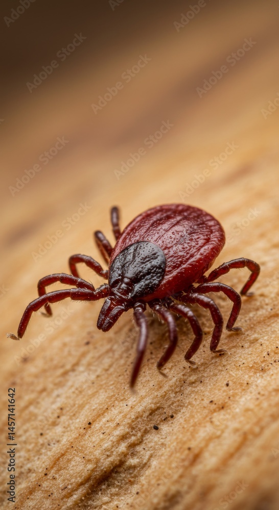Red Tick Crawling on Brown Wood Surface Red Tick Crawling on Brown Wood Surface