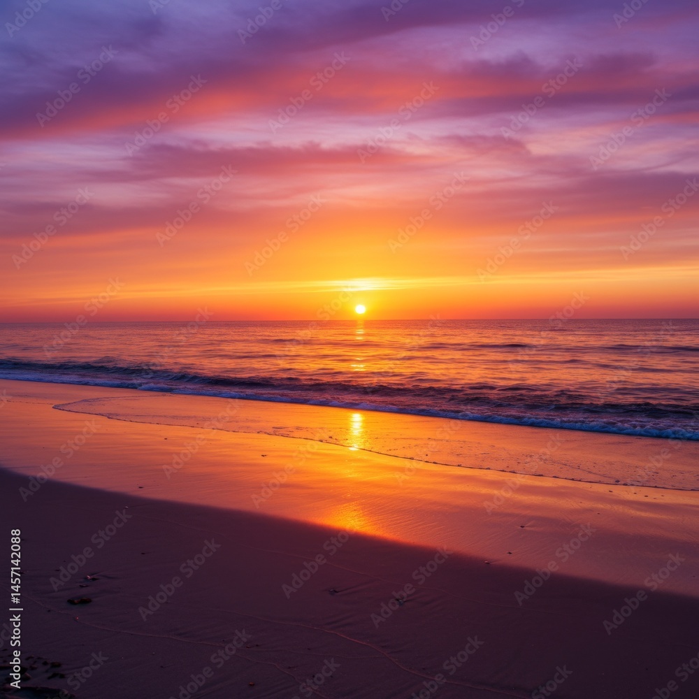 Obraz premium Vibrant Sunrise Over Peaceful Ocean Beach