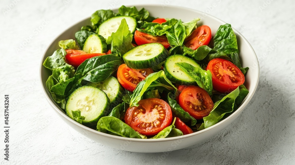 Fresh salad with spinach, cucumber, and tomatoes in bowl Fresh salad with spinach, cucumber, and tomatoes in bowl