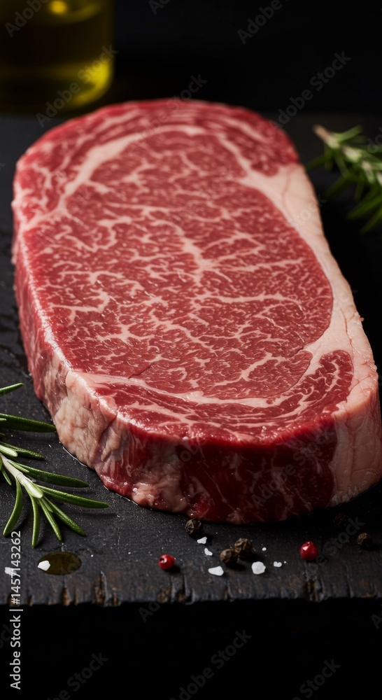 Raw Ribeye Steak on Dark Slate with Herbs Raw Ribeye Steak on Dark Slate with Herbs