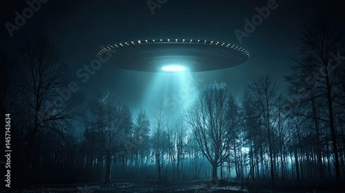 Fototapeta Naklejka Na Ścianę i Meble -  Alien spaceship over the night forest. Night photography of a UFO. The UFO's lights pierce through the darkness of the trees.