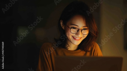 Smiling woman in glasses using laptop at night, warm light