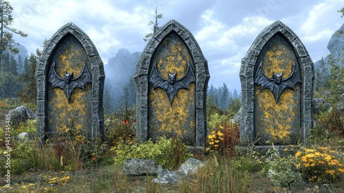 Gothic stone archways  bat motifs  autumnal landscape