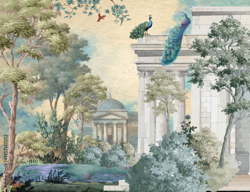 Vintage Greek Landscape Wallpaper Mural, Greek Garden Illustration, Peacock, Watercolor Background, Indian Wedding Background Design.