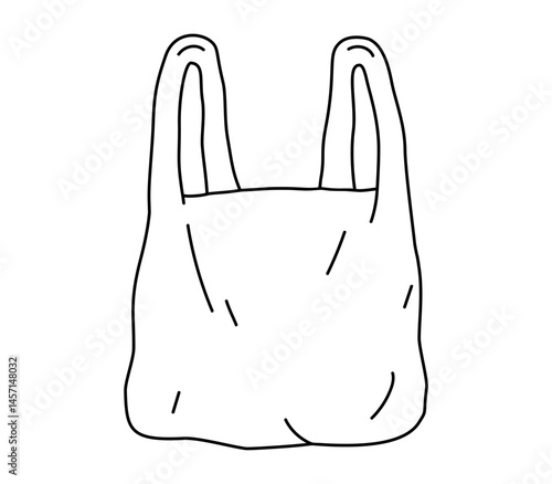 Hand drawn cute outline illustration of disposable shopping bag. Flat vector grocery plastic package, environmental pollution design in line art doodle. Ecology sticker or icon. Isolated.
