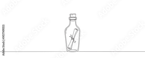 Continuous one line drawing of message in a bottle. Simple vector illustration, Message in a bottle one line art.