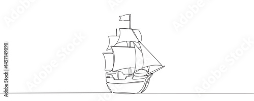continuous line ship. pirate ship drawn with one line. old vessel. vector illustration.