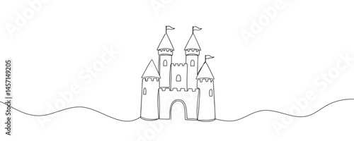 One line drawing of a castle. Fort that contains a fairy tale atmosphere. Drawn in a linear style, vector illustration.