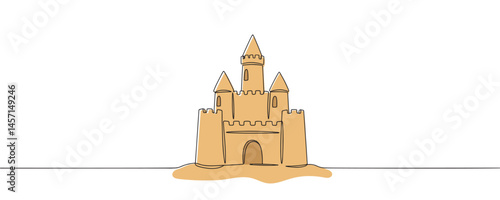 sand castle on the beach. Happy summer vacation. Beach sand castle drawing in line style. Vector illustration