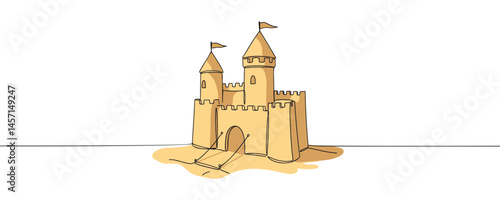 sand castle on the beach. Happy summer vacation. Beach sand castle drawing in line style. Vector illustration