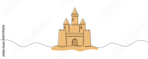 sand castle on the beach. Happy summer vacation. Beach sand castle drawing in line style. Vector illustration