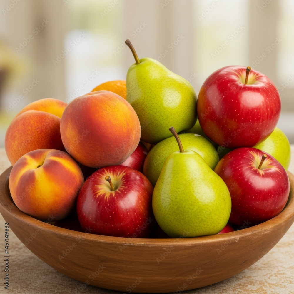 Ripe Red Apples Green Pears and Peaches in Wooden Bowl Ripe Red Apples Green Pears and Peaches in Wooden Bowl