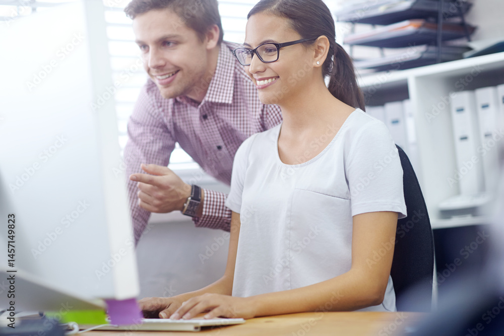 Fototapeta premium Computer, mentor and business people training, coaching or help with project in creative startup. Internship, leader and happy manager teaching woman about us or new employee learning graphic design