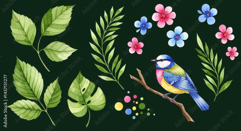 Obraz premium Watercolor Bird with Tropical Leaves and Flowers