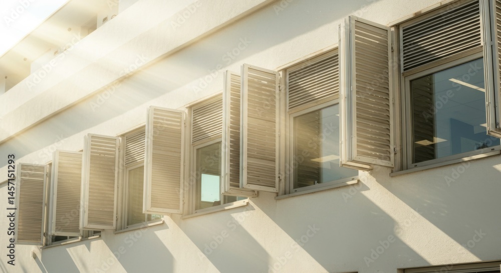 Obraz premium Sunlit Building Exterior with Open White Shutters