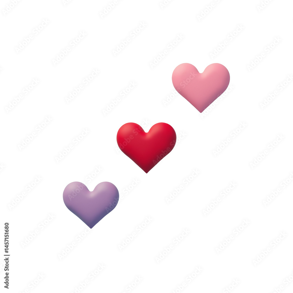 Three Hearts—Crimson, Pastel Pink, and Lavender—Arranged in a Ripple Pattern on a Muted Aqua Background Three Hearts—Crimson, Pastel Pink, and Lavender—Arranged in a Ripple Pattern on a Muted Aqua Background
