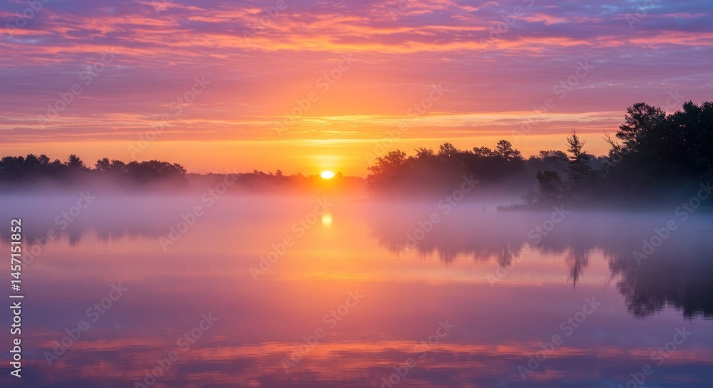 Obraz premium Sunrise over misty lake landscape