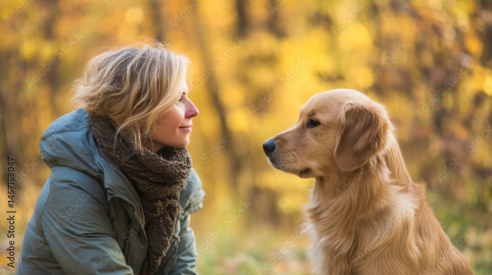 Golden retriever sits by woman in autumn park, sharing a quiet moment of companionship.
Golden retriever sits by woman in autumn park, sharing a quiet moment of companionship.