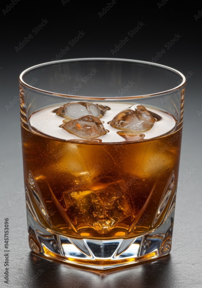 Amber Whiskey Drink with Ice in Cut Glass on Dark Background Amber Whiskey Drink with Ice in Cut Glass on Dark Background