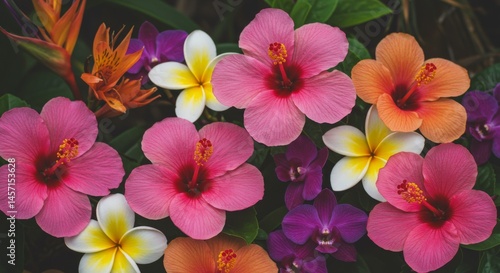 Vibrant Pink Orange White Tropical Hibiscus Flowers