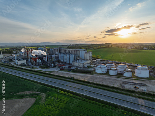 Bioagra Goswinowice Ethanol Production Plant located near Nysa in Poland. Aerial drone view of methanol and ethanol factory plant.  Polish producer of bioethanol and ethanol produced from corn grain.