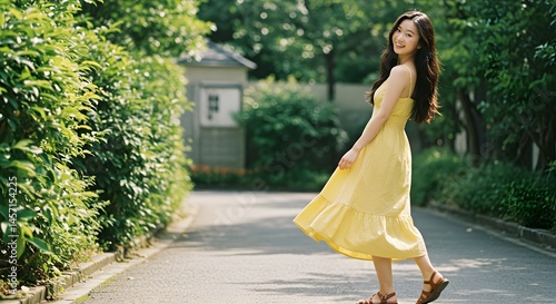 Woman in Yellow Dress Twirling on a Path in Sunny Park